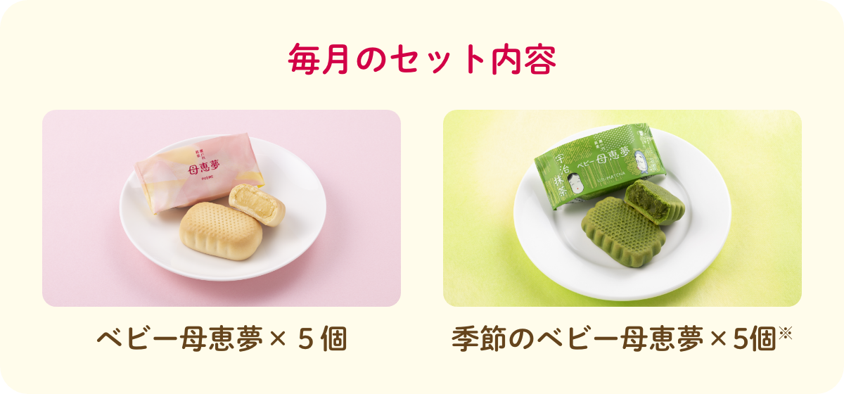 毎月のセット内容　ベビー母恵夢×５個　季節のベビー母恵夢×5個※
